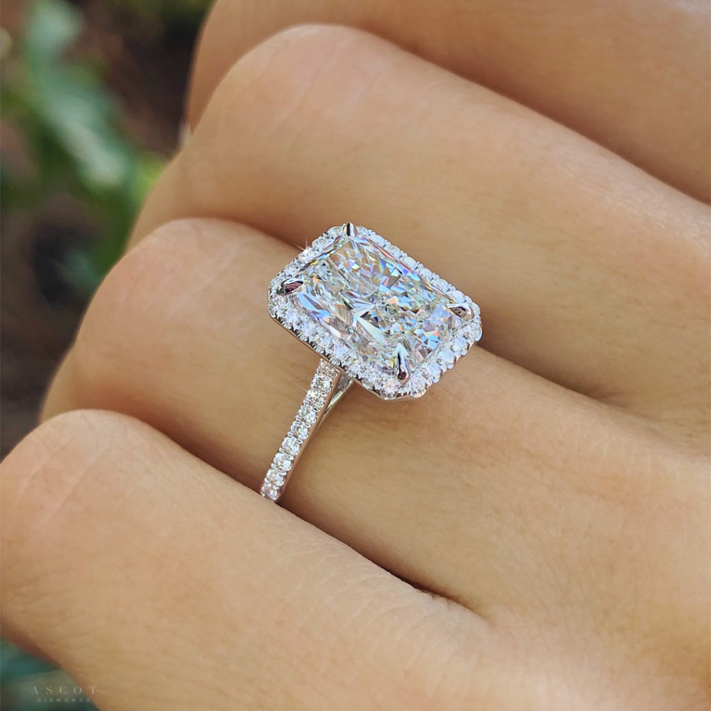 Dainty Radiant Cut Diamond Engagement Ring With A Thin Halo And Diamond Band By Ascot Diamonds 1024x1024 